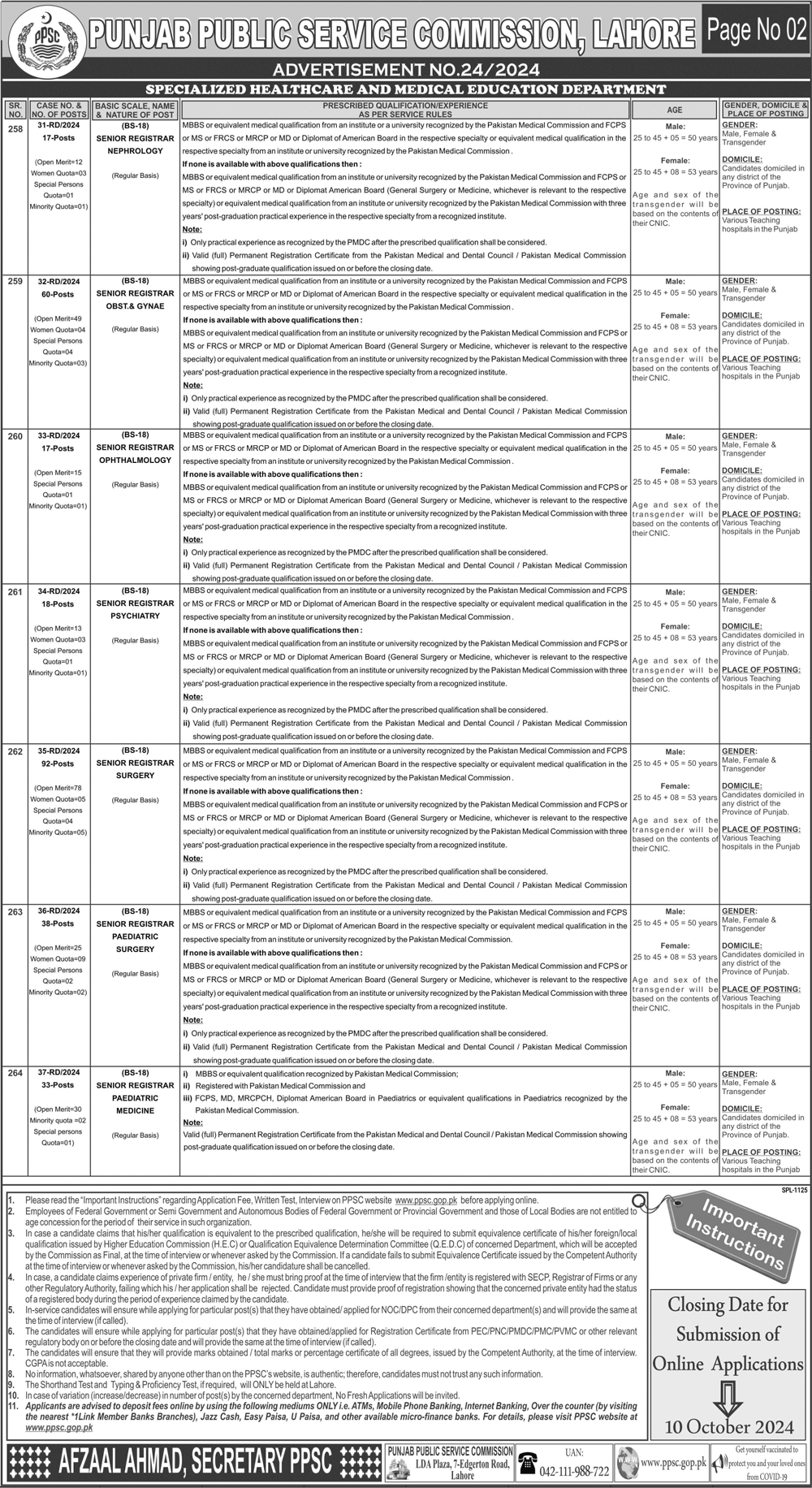 1. Senior Registrar Nephrology 2. Senior Registrar OBST & GYNAE 3. Senior Registrar Ophthalmology 4. Senior Registrar Psychiatry 